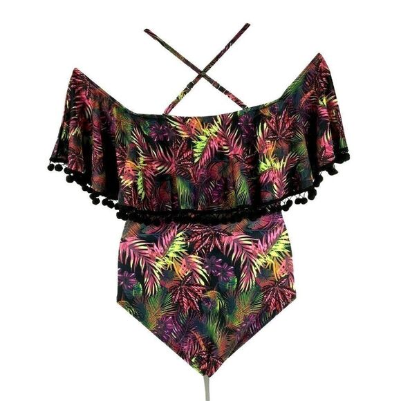 Tempt Me Womens Swimsuit Small Black Floral Shawl Top Fringe Removable Straps - Picture 2 of 4